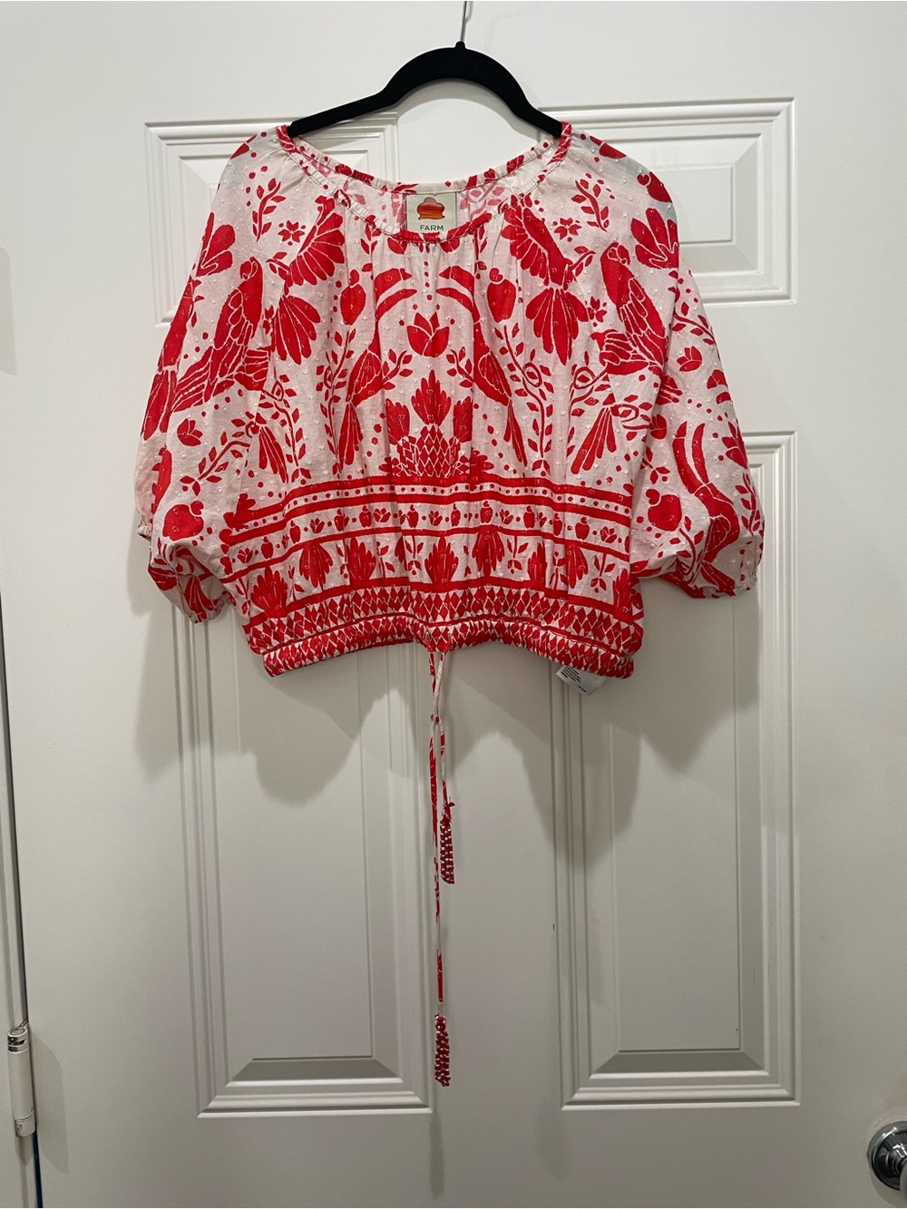 Farm Rio Women's Red Jungle Flow Drawstring Blouse Top Size Small Boho Vibrant